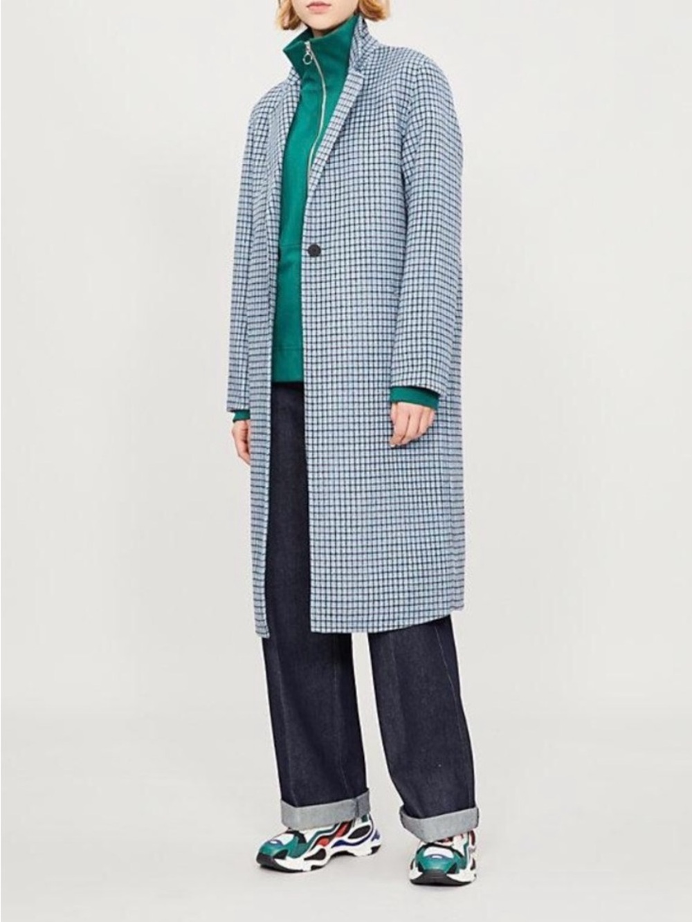Sandro Checked Longline Trench Coat in Light Blue and White wool and cotton blen